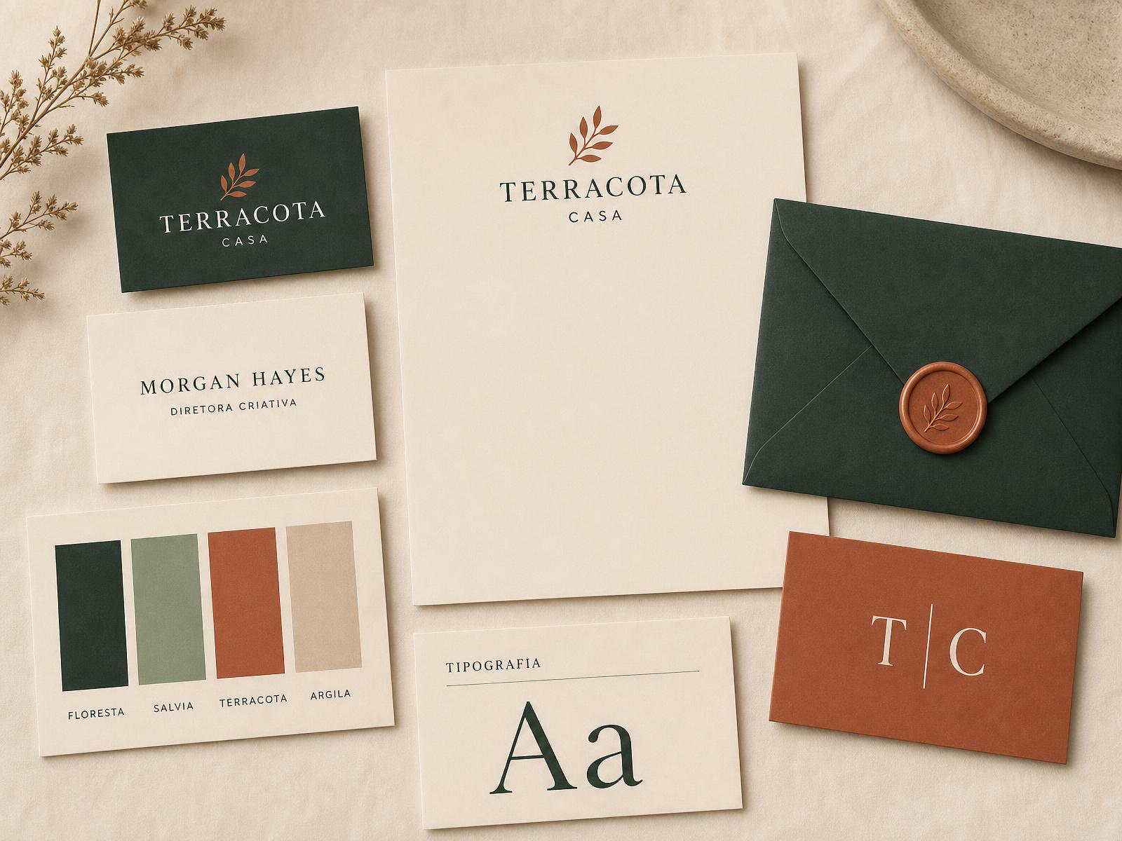 Peças de identidade visual impressas sobre mesa clara